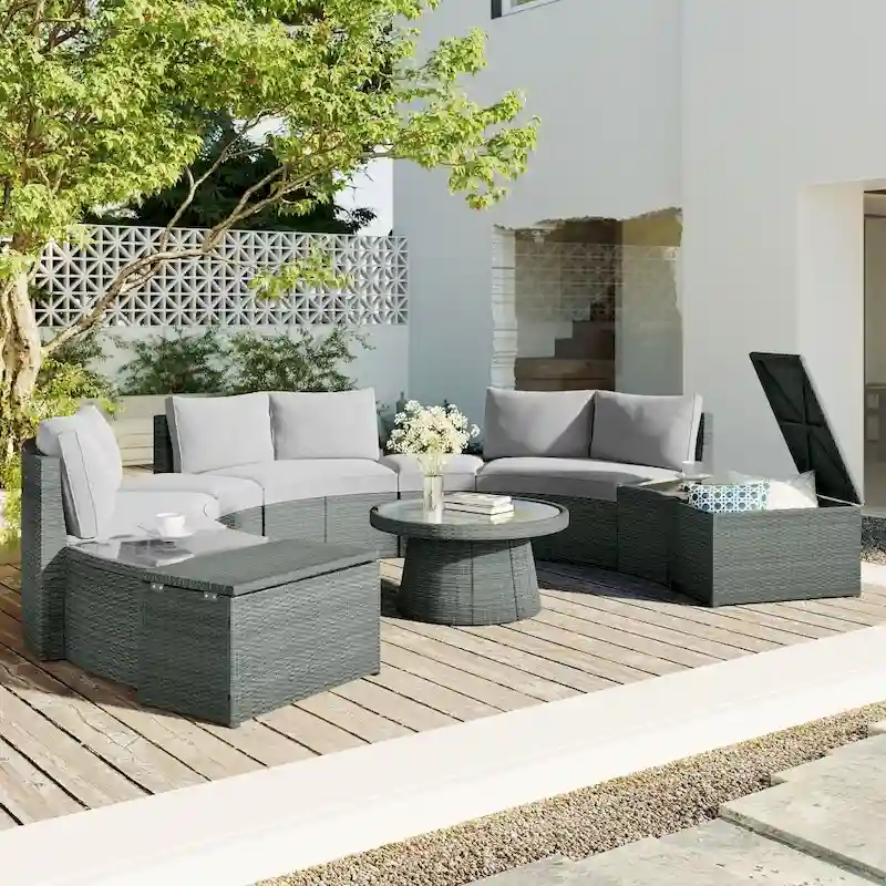 Abrihome 10-Piece Outdoor Sectional Half Round Patio Rattan Sofa Set,Light Gray