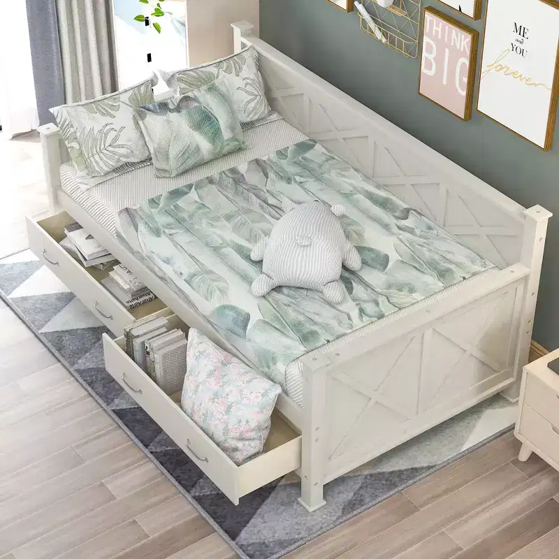 Wooden Twin Daybed with 2 Storage Drawers, Modern and Rustic Casual Style Daybed Frame for Bedroom Living Room Guest Room