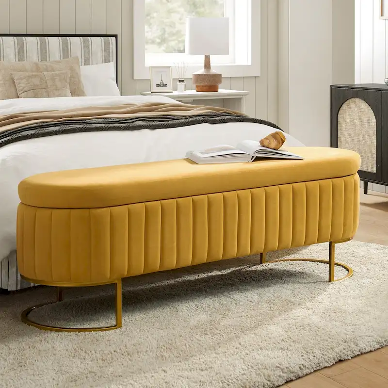 Channel-Tufted Upholstered Storage Bench with U-Shape Metal Legs – Mustard / Ivory / Navy, 2-Person Use