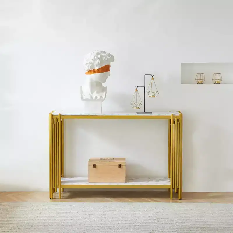 Modern Gold Console Table with Marble Effect Top & Metal Frame, 48-Inch Hallway Solution