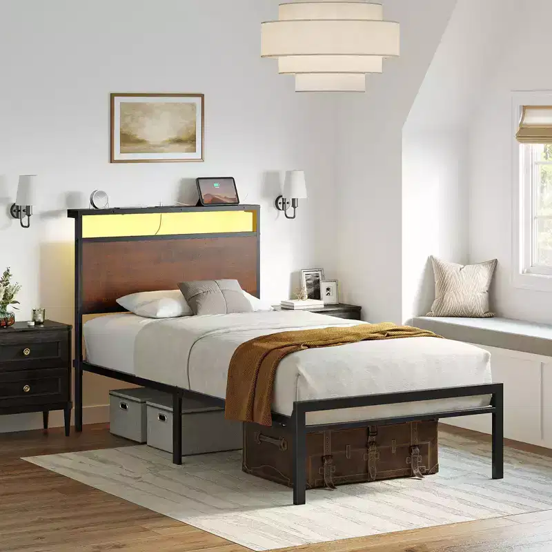 Hausource Industrial Bed Frame with Storage LED Headboard, Charging Station, No Box Spring Needed