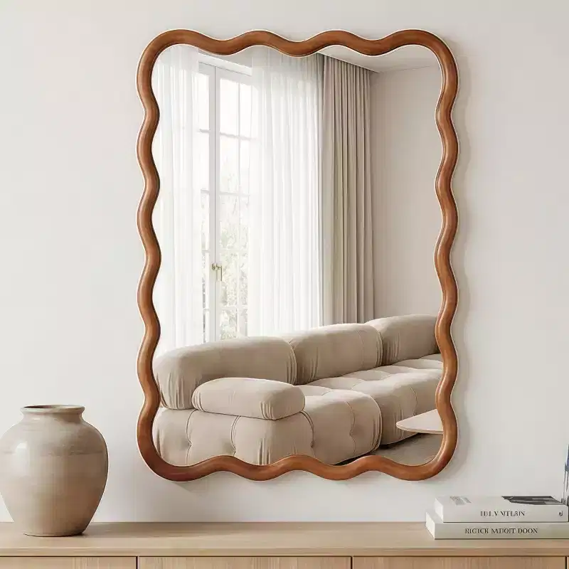 20 x 30 Wall Mirror with Solid Wood Frame, Wavy Rectangle Decorative Mirror for Bathroom, Bedroom, Living Room, Entryway