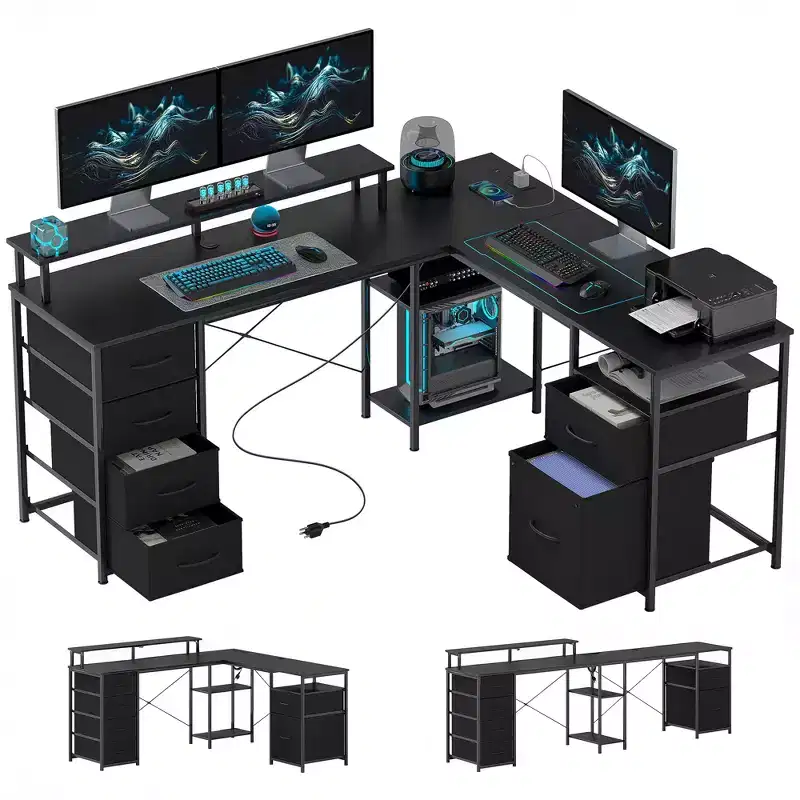 HOMCOM 66 Reversible L Shaped Desk with File Drawer, 105 Two Person Desk with Power Outlet and LED Light, Monitor Shelf and CPU Stand