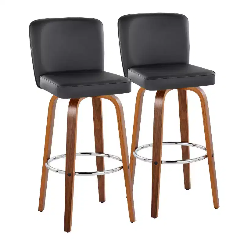LumiSource Set of 2 Henry Barstools Walnut Wood/Black PU/Chrome Metal