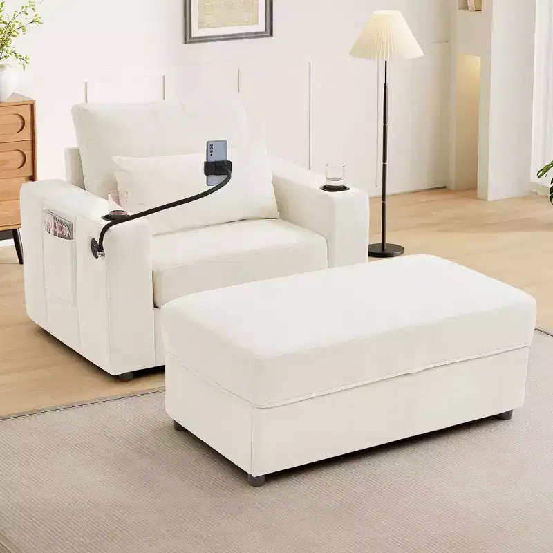 Chaise Lounge Sleeper Sofa Bed with Movable Storage Ottoman, Deep Seat