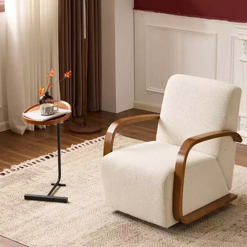 360 Swivel Accent Chair with Solid Wood Curved Arms, Mid-Century Modern Upholstered Side Chair for Living Room or Reading Nook-Panipeachy