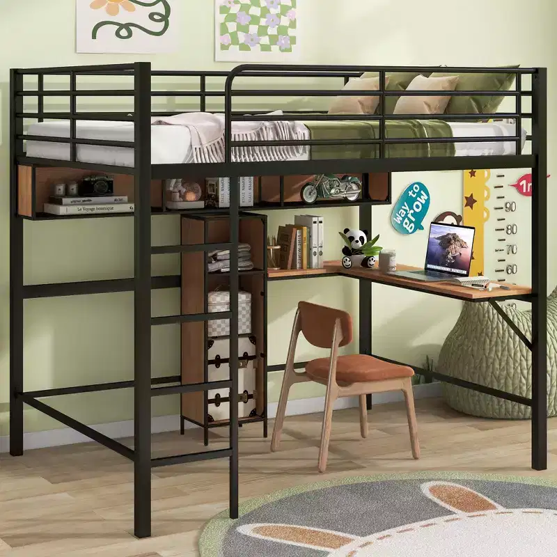 Full Size Loft Bed with L-Shaped Desk and Shelves, Metal & Wood Loft Bed Frame, Black and Brown