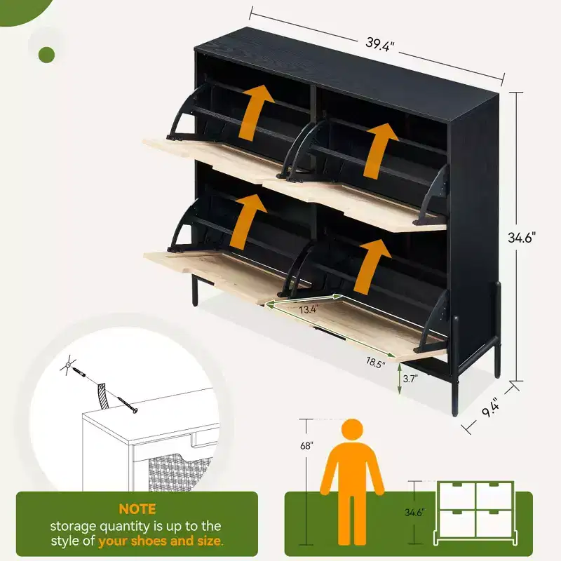 4-Drawer Shoe Storage Cabinet  Farmhouse Rattan Organizer with Metal Legs for Entryway/Closet