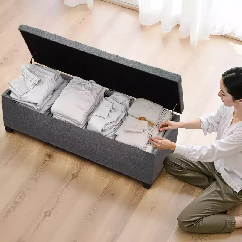 VEVOR Storage Ottoman Bench, Button-Tufted End of Bed Bench with Side Bags, Flip-up Upholstered Storage Chest with Metal Frame,Linen Bed Ottoman, Grey