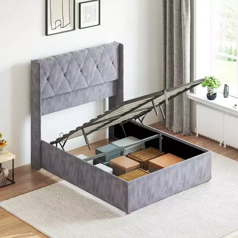 MAYEERTY Noise-Free Lift-Up Storage Bed with Heavy-Duty Structure, Easy Assembly & Elegant Winged Headboard