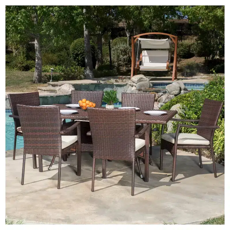 Thompson 7pc Wicker Patio Dining Set with Cushions - Brown - Christopher Knight Home: Weather-Resistant, 6 Arm Chairs, Galvanized Steel Hardware