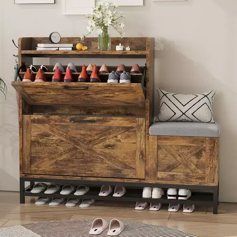 Shoe Cabinet with 2 Flip Drawers with Padded Seat Cushion Front Door, Foyer, Hallway, Antiseptic Wood