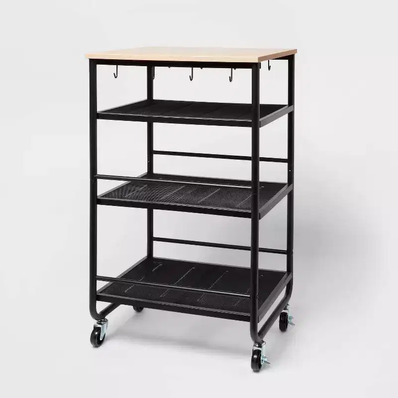 Narrow Metal Storage Cart with Wood Top Black - Brightroom™: Rolling Utility Cart with Casters & Fixed Shelves