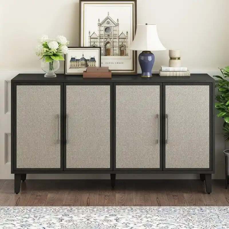 4-Door Linen Cabinet with Adjustable Shelves – Beige / Black, MDF & Pine Legs, Metal Handles