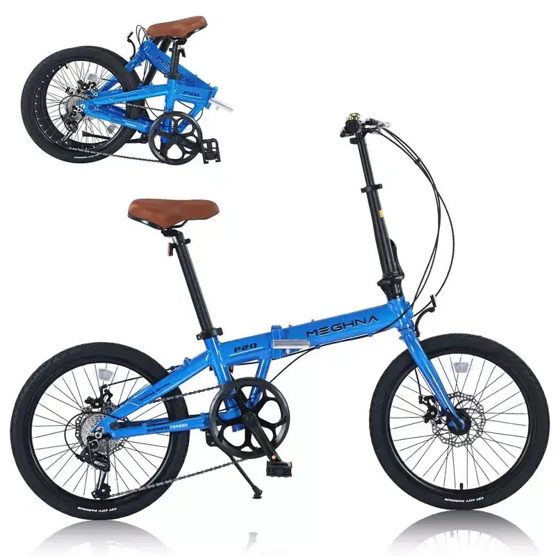 Okak 20IN Folding Bike with Lightweight Aluminum Frame, 7-Speed Cruiser Bikes with Adjustable Seat and Handlebar for City Commuter, Blue
