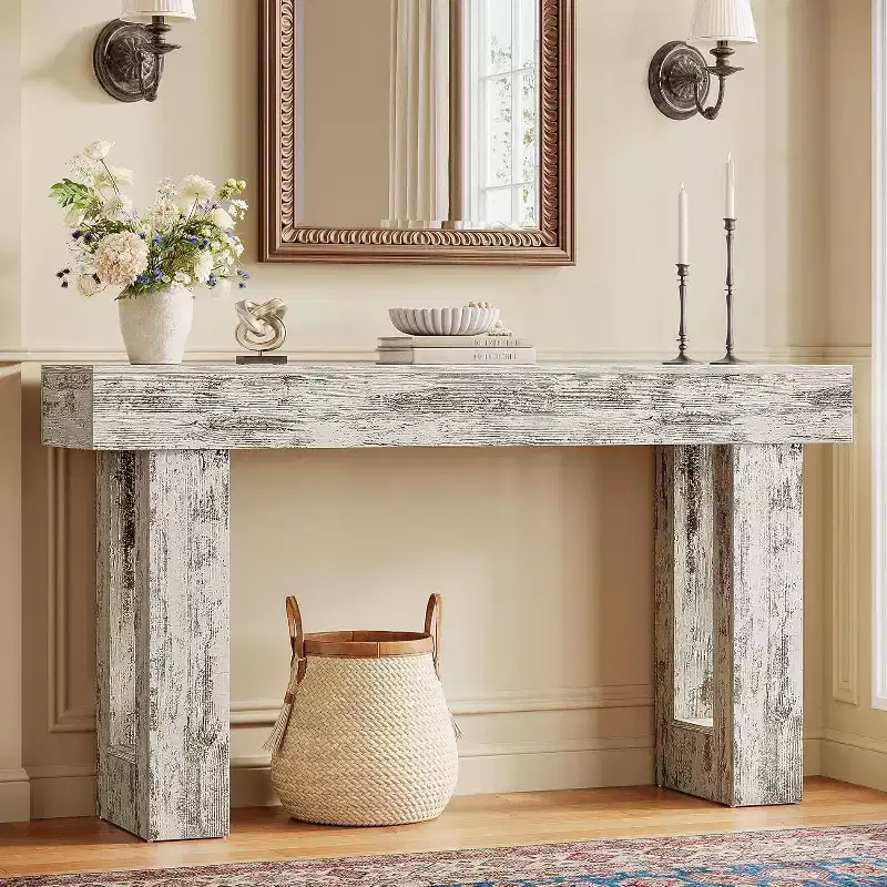 63 Farmhouse Console Table, Rectangular Wooden Accent Table in Distressed White for Entrance, Hallway & Living Room.