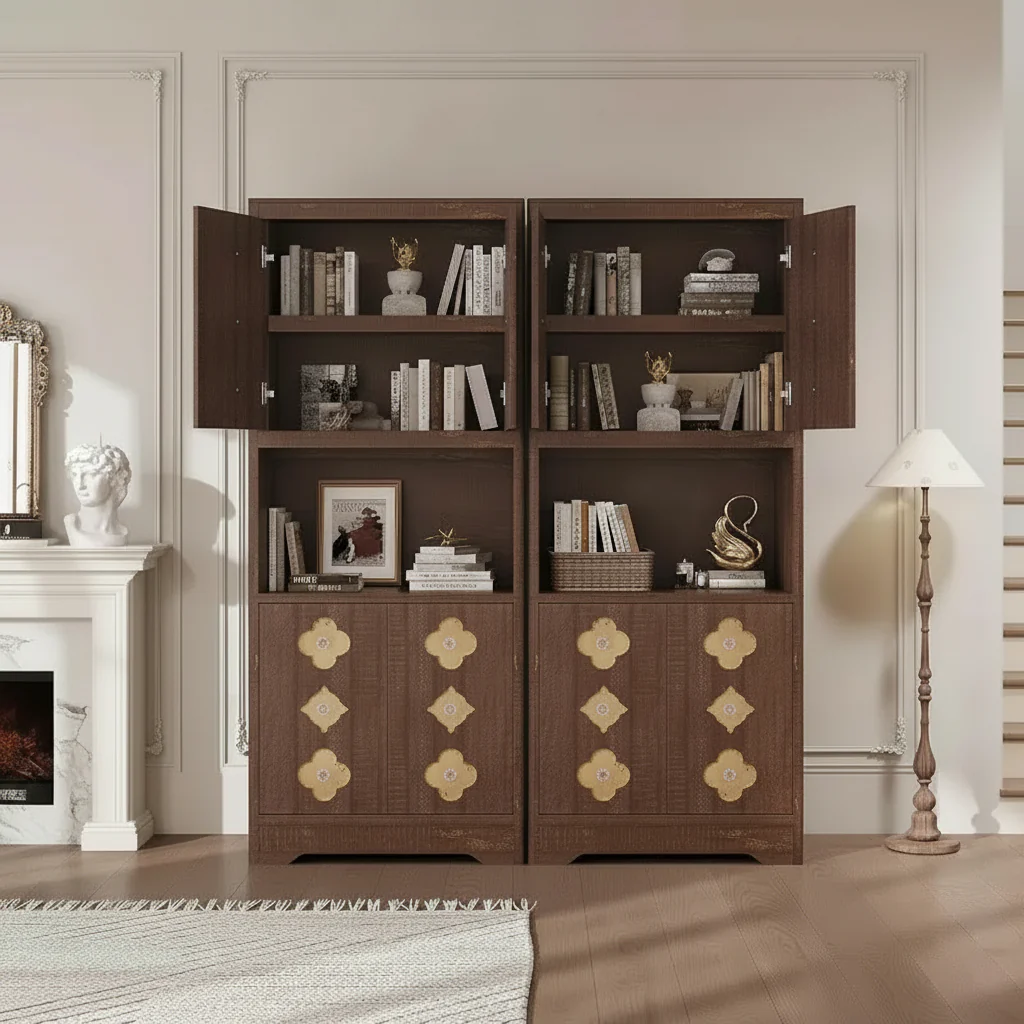 72 Tall Kitchen Pantry Cabinet - Freestanding Wooden Hutch Cupboard with Carved Door & Crystal Handle for Dining Living Room