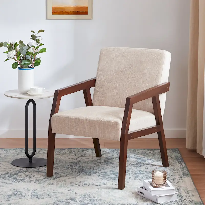 HUIMO Accent Armchair Solid Wooden Brownness/ White/ Blue Upholstered Mid-Century Modern Accent Chair for Living Room, Bedroom