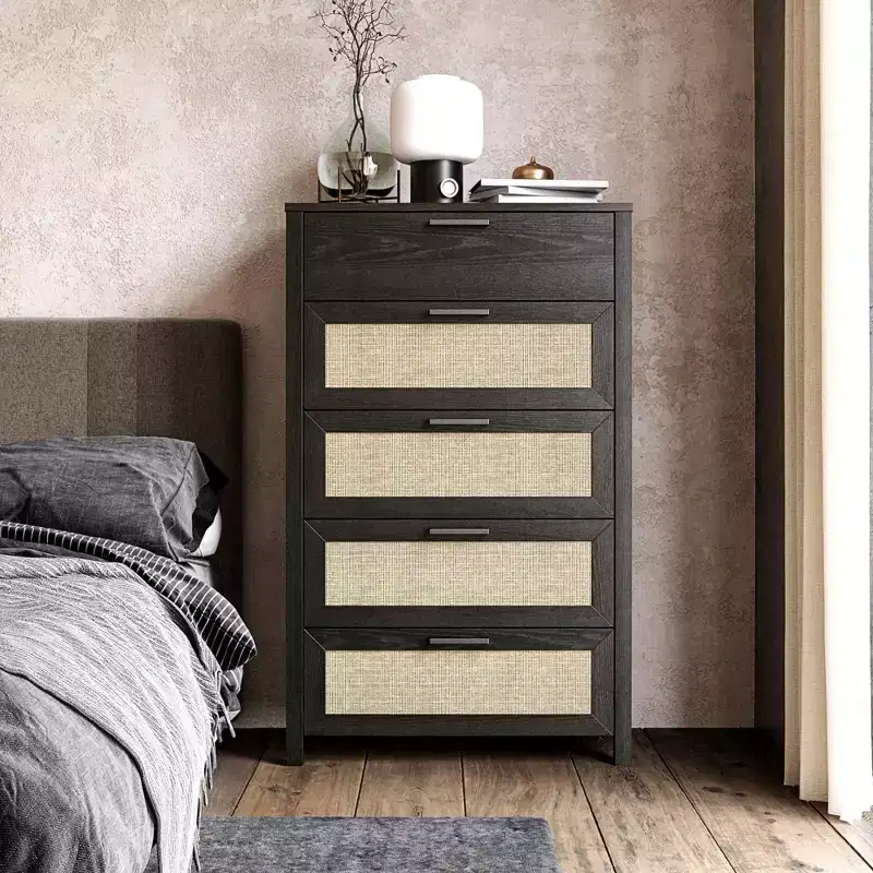 Brown Woodgrain Boho 5-Drawer Dresser with Rattan Inserts (2-Person Assembly)