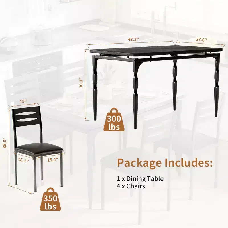 5 Piece Dining Table Set, Industrial Style Kitchen Table Set for 4, Dining Table and Chairs with Rectangular Table & 4 Chairs