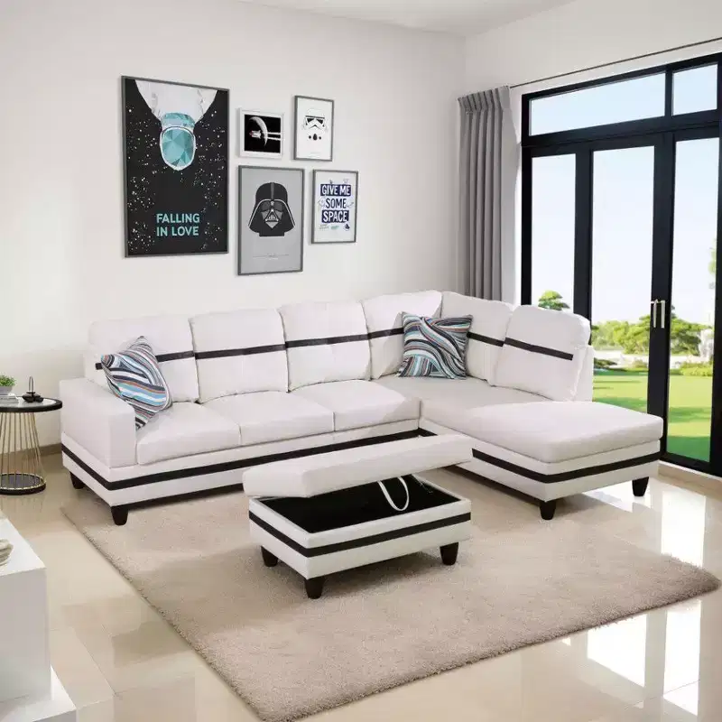 White and Black Semi-PU Leather Sectional Sofa - Modern L-Shaped Design, Tufted Cushions, Storage Ottoman, Chic Home Dcor