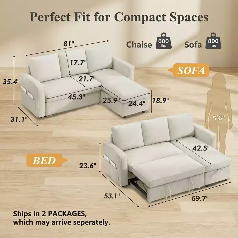 Dyonery 81 Sleeper Sofa Bed, 2 in 1 Pull Out Couch, L-Shaped Sectional Sofa with Reversible Storage Chaise, Side Pockets
