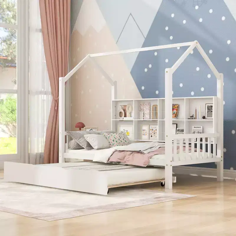 Twin Size House Bed with Trundle and Storage Shelves, Kids Montessori Bed Wood Playhouse Tent Bed Frame for Girls Boys, White