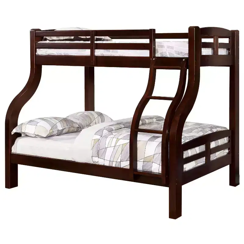 Twin/Full Kids Bunk Bed, Dark Walnut, Solid Wood Frame with Built-In Ladder & Guard Rails, Transitional Style