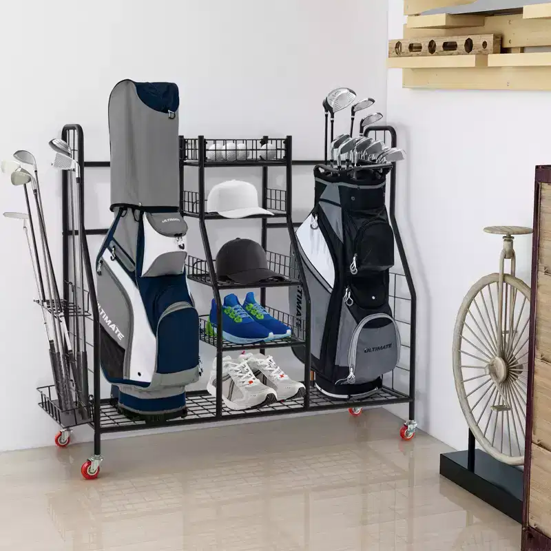 Heavy-Duty Metal Golf Bag Storage Organizer with Double Rack, Removable Club Stand & Lockable Wheels