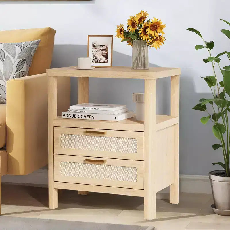 Nightstands of , 20 Inch Light Oak Bedside Tables with Rounded Corners, -Tier Storage with Drawer and Open Shelf for Bedroom