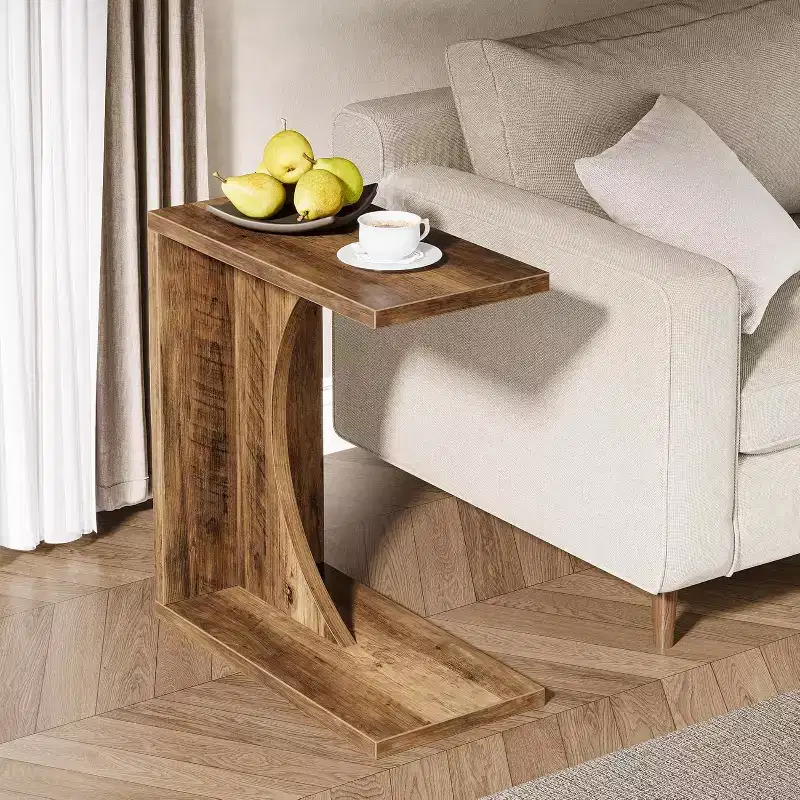 Lantine C-Shaped End Table for Couch, Small Bedside Table for Sofa, Wooden Nightstand for Living Room Bedroom Laptop Work Desk (1, Rustic Brown)