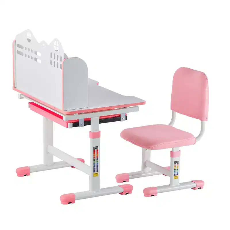 VEVOR Kids Study Chair and Desk Set, Study Desk and Chair for Kids with Bookshelf and Storage Drawer, Adjustable Height Kids Study Desk, Pink
