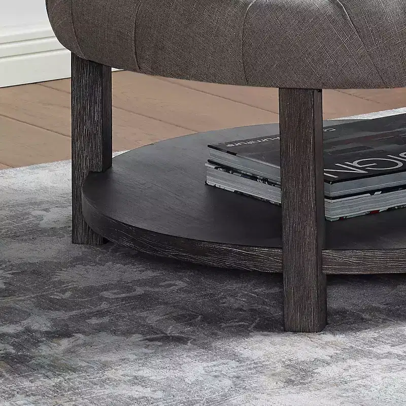Round Button Tufted Storage Ottoman, Antique Washed Gray, 36