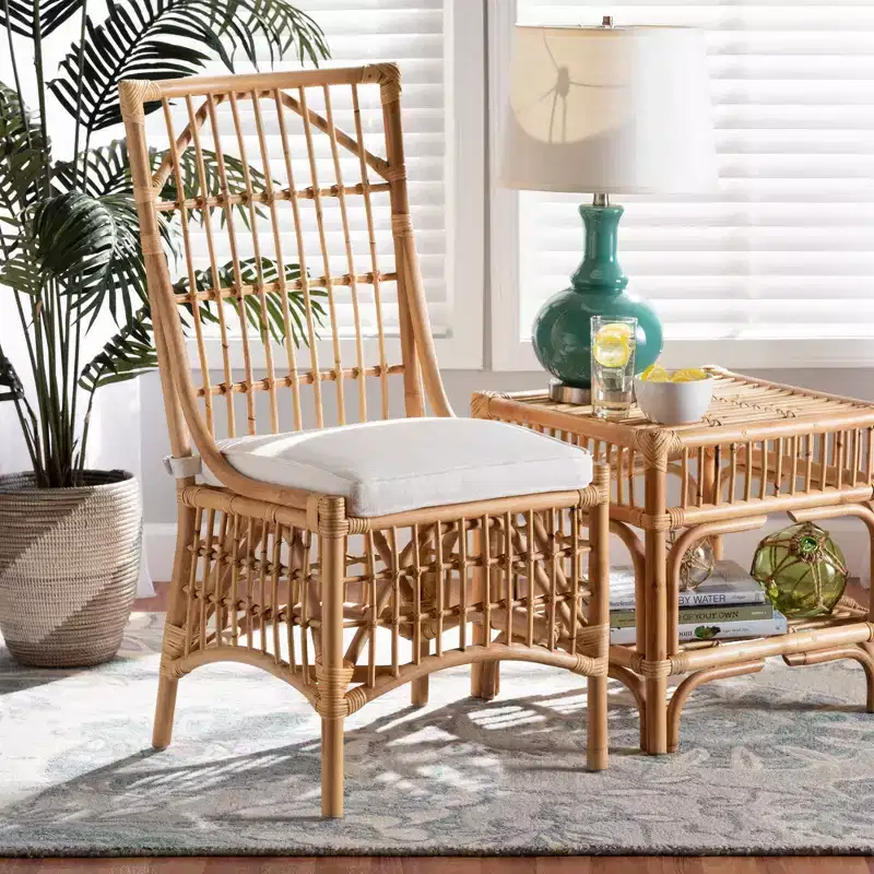 Fabric Upholstered Rattan Dining Chair, White/Natural, Bohemian Style, No Assembly Required