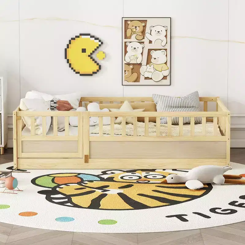 JVNOXK Children's Double Floor Bed Frame, Integrated Structure with Extra-High Safety Guardrail and Wooden Slats Supporting the Bed Slats