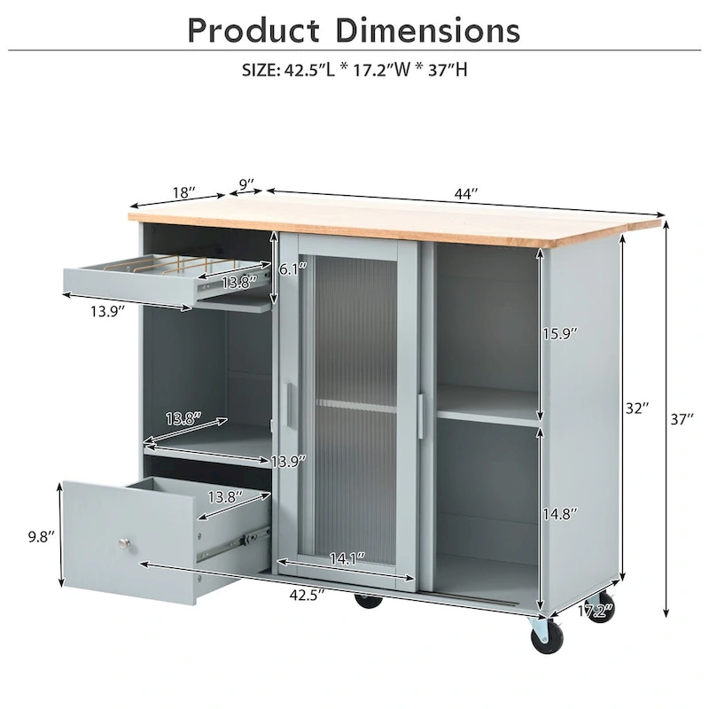 44 in. W Kitchen Island Rubber Wood Drop-Leaf Countertop on 5 Wheels with an Adjustable Shelf and 2 Drawers - 44