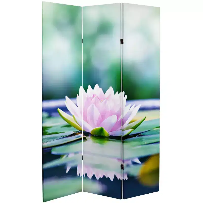 6 Double Sided Lotus Blossom Canvas Room Divider Green - Oriental Furniture: Adjustable 3-Panel Privacy Screen, Spruce Wood Frame