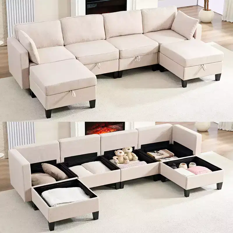 Flexible 4-Seater Modular Sofa with Ottomans, Linen Convertible Sleeper Sofa Bed with Storage Space