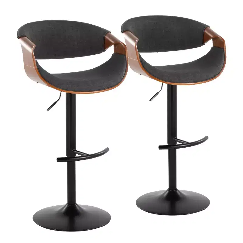 LumiSource Set of 2 Curvo Adjustable Barstools Walnut Wood/Charcoal Fabric/Black Metal
