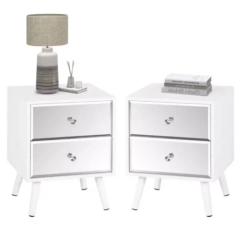 TYBOATLE Set of 2 Modern Mirrored 2-Drawer Nightstands/Beside Table with Solid Wood Legs - White