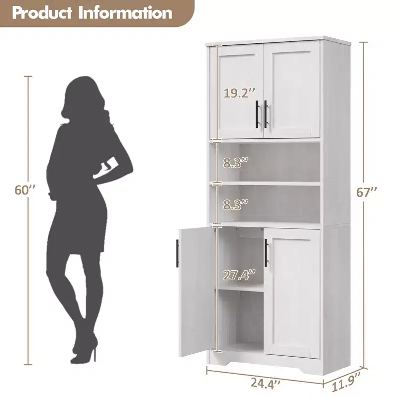 Kitchen Pantry Cabinet, 4 Door Cabinet w/Microwave Stand & Drawer, Adjustable Shelf, Gray
