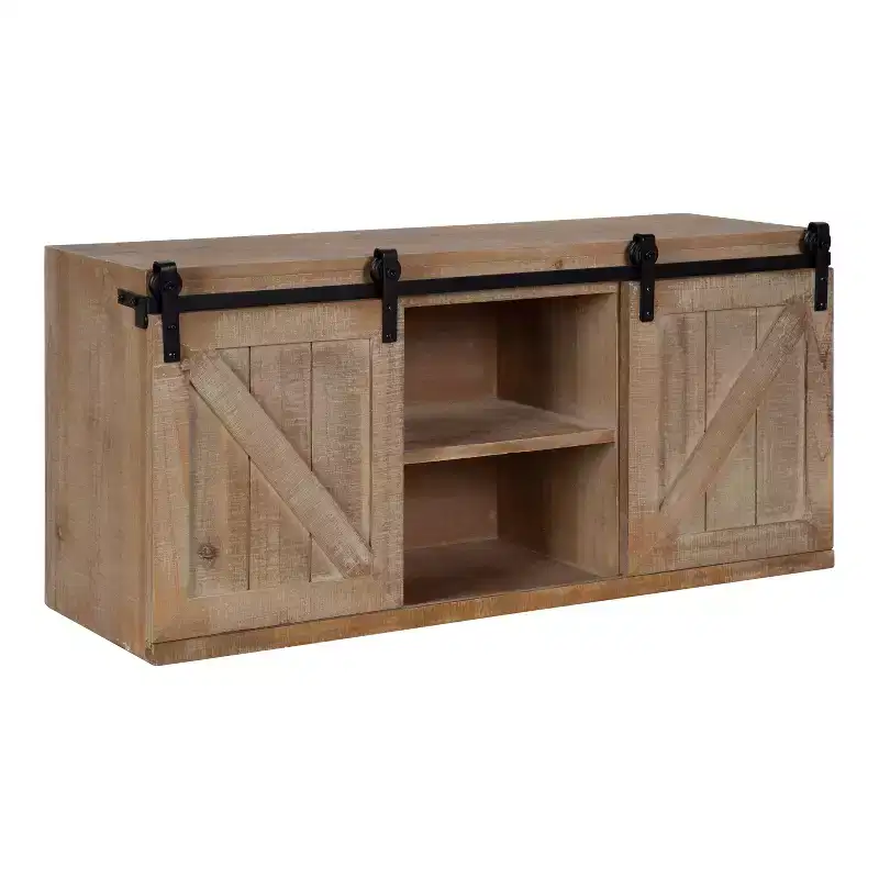 Kate and Laurel Cates Decorative Wood Wall Storage Cabinet with Sliding Barn Doors, 30x10x14, Rustic Brown