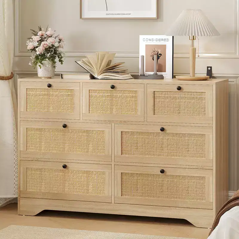 7 Drawer Rattan Dresser,47.2''Wide Boho Dresser, Chest of Drawers, Closet Organizer, Natural Wood Dressers Chest for Bedroom, Living Room, Entryway