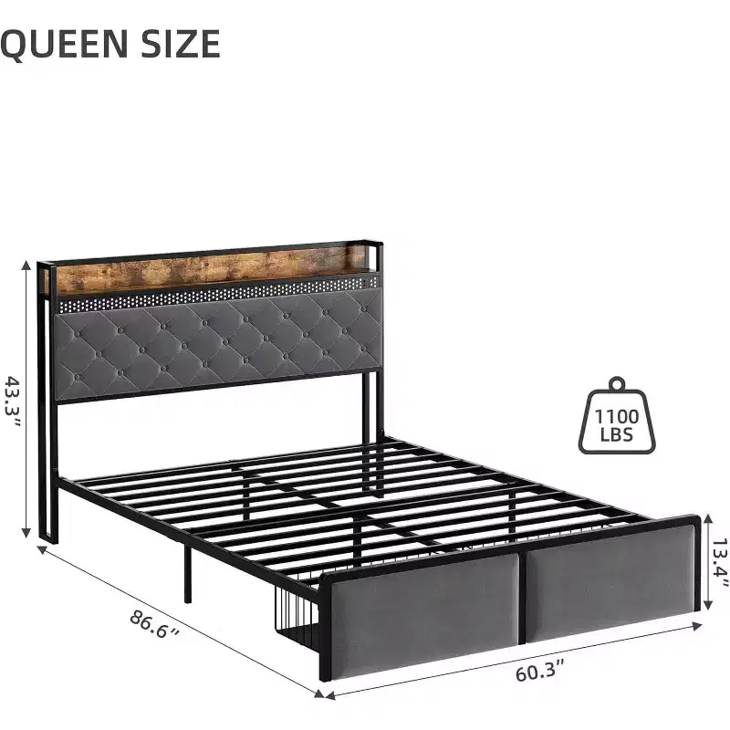 Bed Frame with Storage Headboard and 2 Drawers, Platform Metal King Bed Frame with LED Lights and Charging Station, Noise Free, No Box Spring Needed