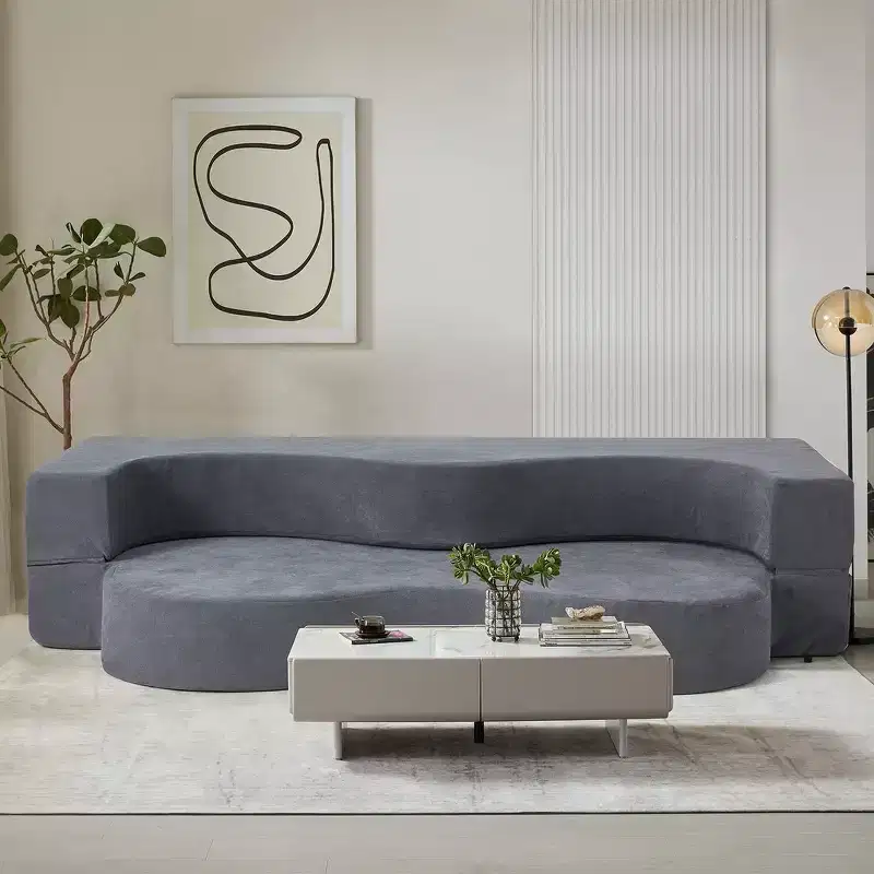 Folding Sofa Bed, Convertible Floor Couch with High Density Foam, Linen, Seats 2-3