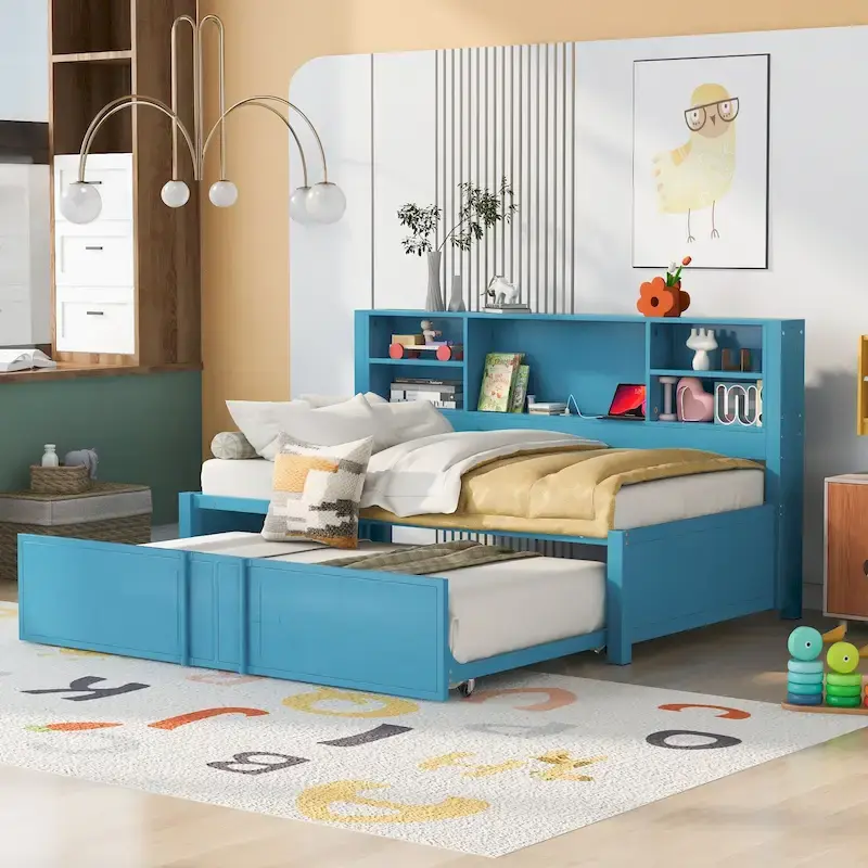 Metal Twin Size Daybed w/Twin Size Trundle, Storage Shelves, USB Ports
