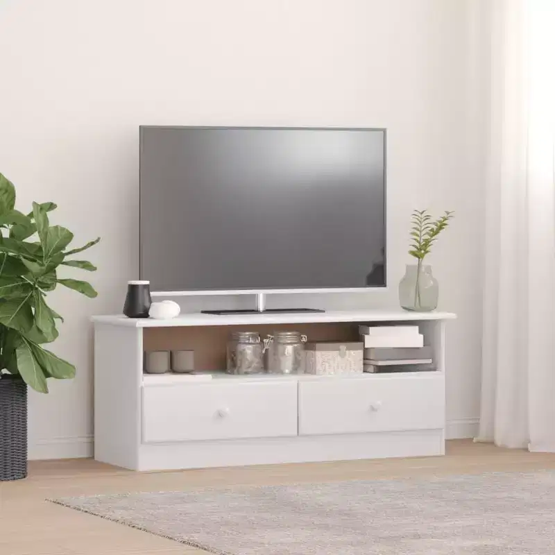 vidaXL ALTA TV Cabinet - Solid Pine Wood TV Stand with Drawers - White, Scandinavian Styling, Ample Storage Space, 39.4x13.8x16.1