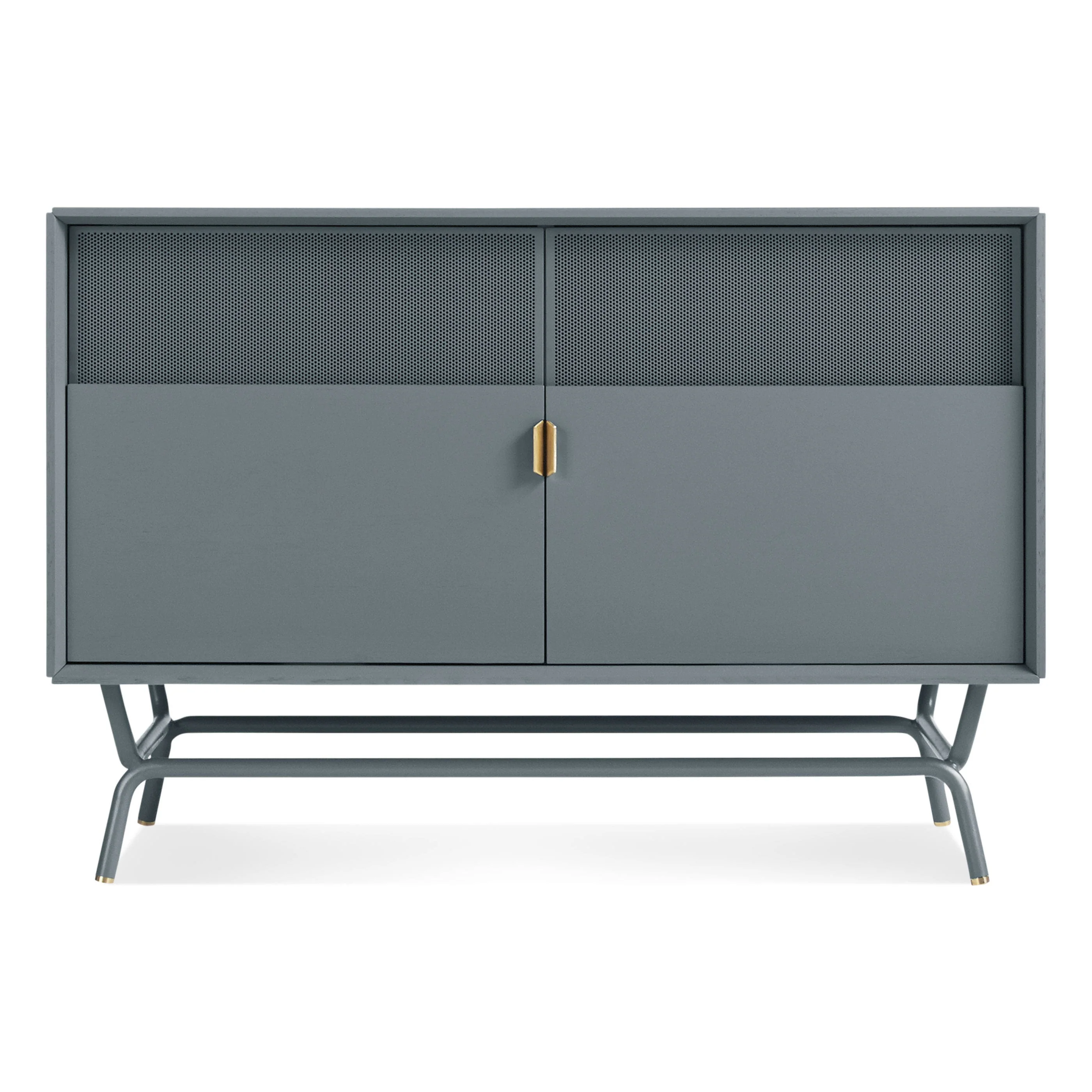 Modern Grey Steel Media Console with Perforated Doors for Living Room