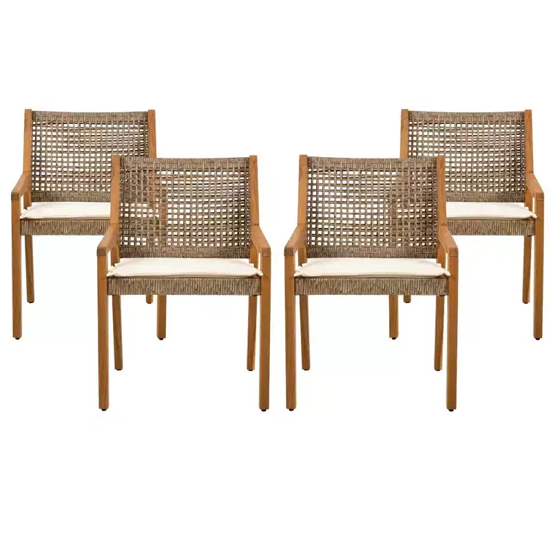 NAYSAYE Patio Dining Sets Outdoor Acacia Wood Wicker Dining Chairs with Cushions for Garden Patio, Brown and Cream, 23.5*21.25*32