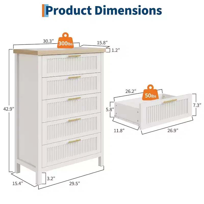 5-Drawer Farmhouse Dresser – Wooden Chest of Drawers, TV Stand Style for Bedroom, Living Room & Hallway